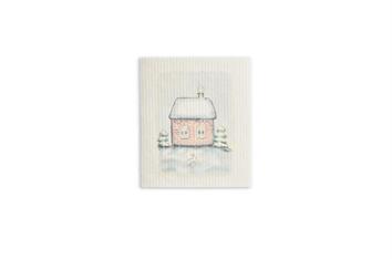 Linge de carte de vœux Petite maison avec neige